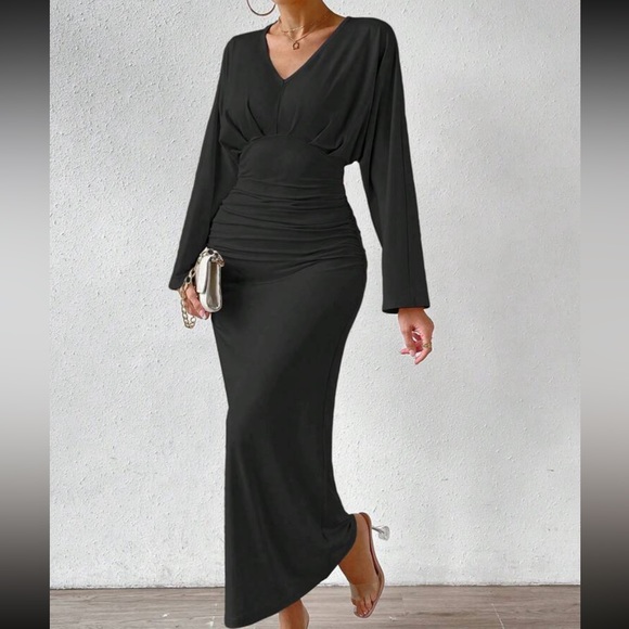 Batwing Sleeve Pleated Ruched Evening Party Dress - Picture 8 of 11